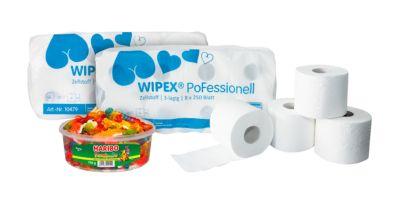 Sparset Toilettenpapier WIPEX Pofessional + 750 g Haribo Phantasia, 144 Rollen, 3-lagig, hochweiß
