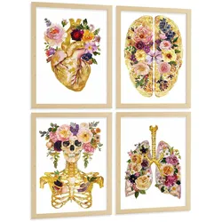 POSTER Set aus 4 Anatomie Mensch Drucke und Wandbilder mit Herz Gehirn Schädel Lungen Luftröhre Bronchien Goldener Floraler Stil Größe Rahmenlos A4