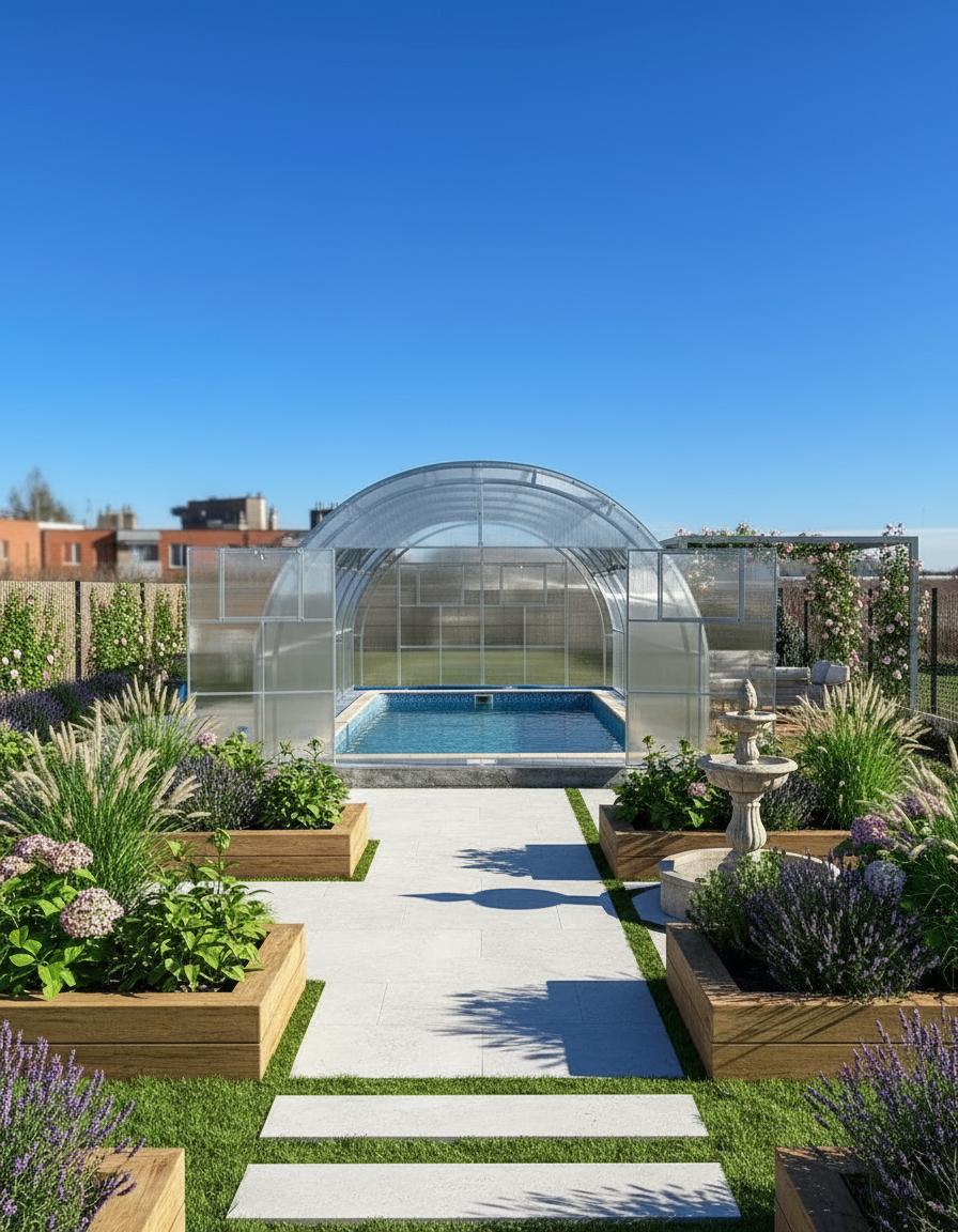 Poolabdeckung von Garten Dream "Grand Oasis" 4x6M mit 6mm polycarbonate Ganzjährige Nutzung. Schnee- und winddicht. Doppeltüren. Rostschutz