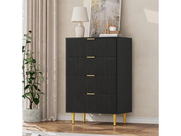 LuxFocus 4 Schubladen Kommode Wellenfront Schwarz Schmale Aufbewahrungskommode mit Metallbeinen und Kippschutz für Schlafzimmer, Wohnzimmer und Flur