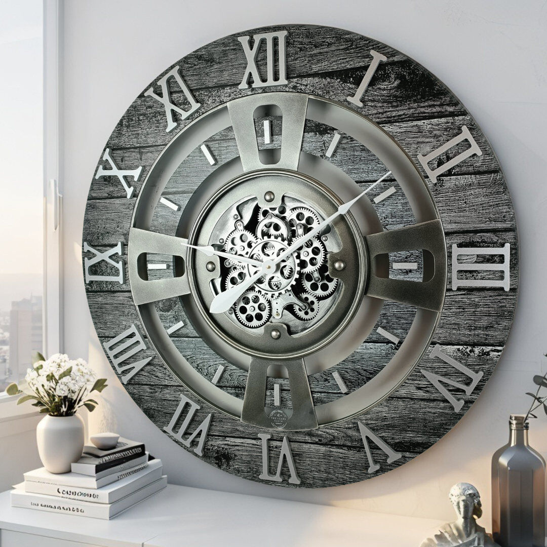 The Gears Clock Solid Wood Wall Clock Carbon Grey Large 61cm