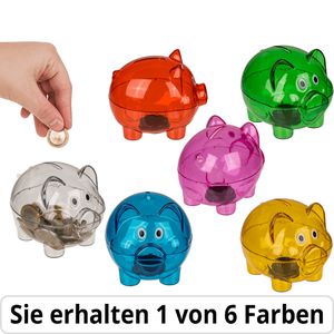 Out-of-the-Blue Sparschwein Schweinchen, farbig sortiert, mit Deckelverschluss, aus transparentem Kunststoff, 10 cm