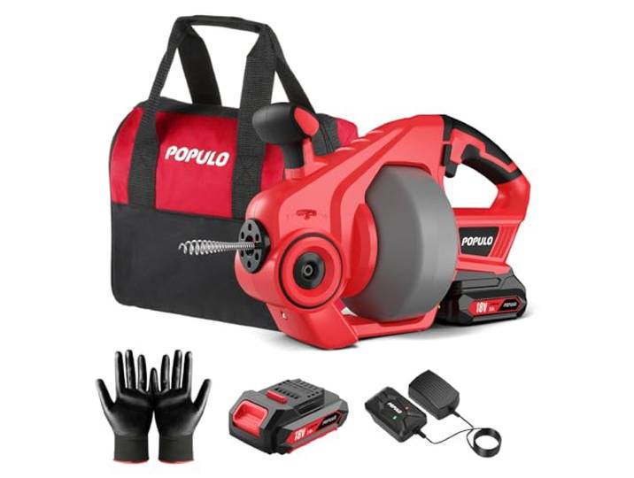 POPULO Rohrreinigungsspirale Akku-Rohrreiniger, 7,6m 18V Elektrischer Abflussreiniger für 18-65mm Rohrverstopfungen Verwendet, Geeignet für WC, Kanalisation, Badewanne, Küchenspüle und Waschbecken