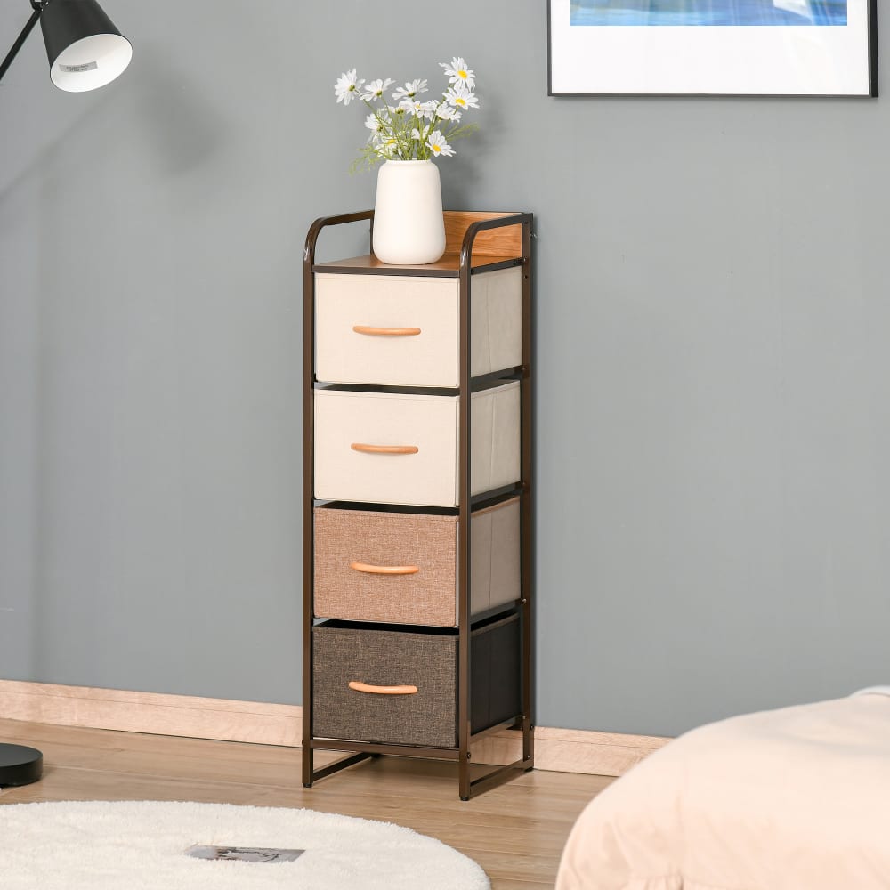 Homcom Chiffonnier 4 tiroirs acier mdf aspect bois non tissé marron beige Beige 31x99x29cm