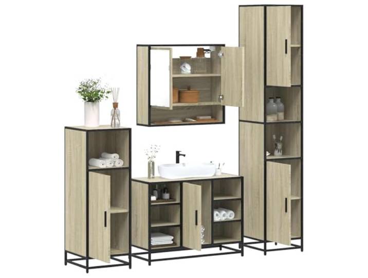 ZQQLVOO 4-TLG. Badmöbel-Set Sonoma-Eiche Holzwerkstoff Wandmontage,Metallgestell,Spiegelschrank,Lowboard,Waschbeckenunterschrank,Stauraum,Badezimmer