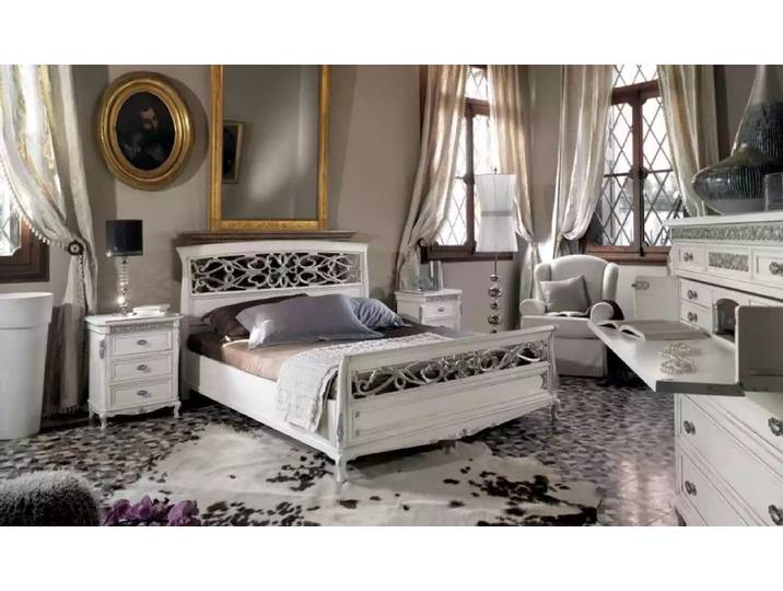 JVmoebel Schlafzimmer-Set Modernes Schlafzimmermöbel-Set in Weiß mit Holzverarbeitung, (Set, 1-tlg., Bett + 2x Nachttische), Made in Italy
