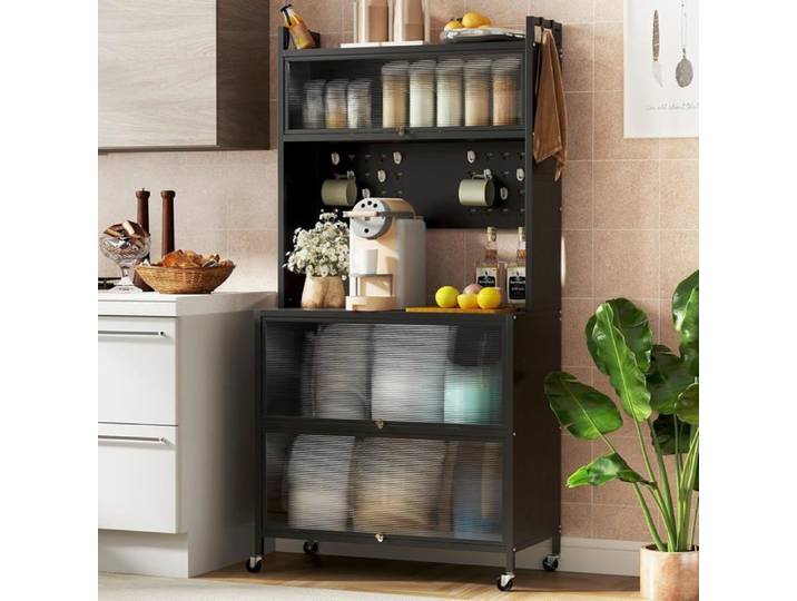 GOPLUS Desserte de Cuisine 80x40x160CM avec Rangement sur 5 Niveaux-Portes Battantes-Crochets Supérieurs-Panneau Perforé Noir