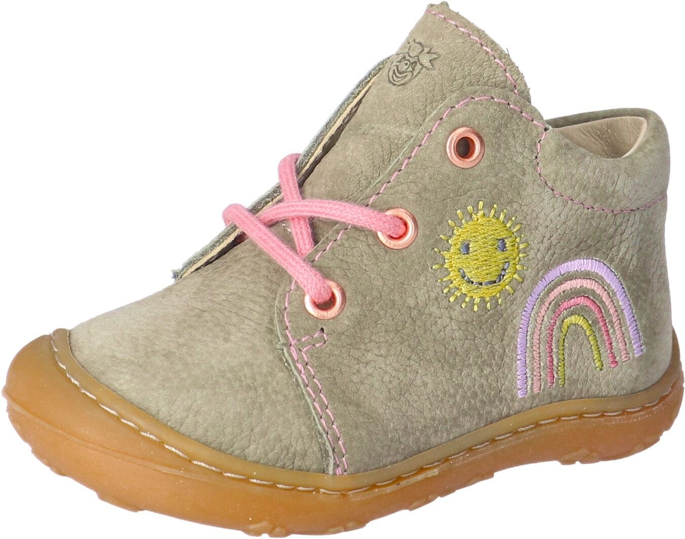 Lauflernschuh PEPINO BY RICOSTA "MECKI", Jungen, Gr. 18, Leder, grau (eukalyptus, regenbogen), Nubukleder, bestickt, Schuhe Lauflernschuh, Schnürschuh mit Lederinnenausstattung, Grössenschablone zum Download eukalyptus, regenbogen 18, Leder