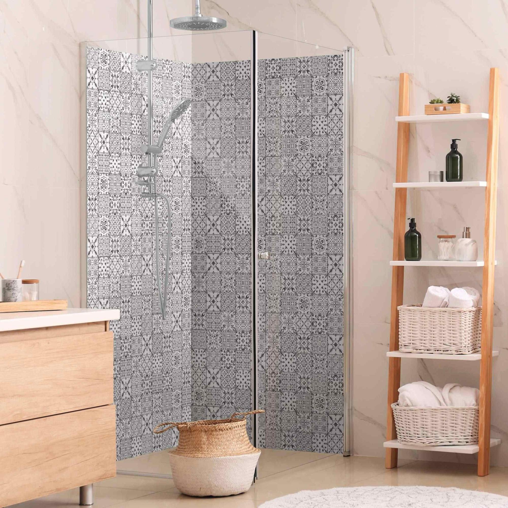 Duschrückwand Muster selbstklebend - 0.35 mm Wandpaneel wasserfest Design grau Fliesenoptik Illustration Badrückwand fugenlos Smart matt 110x210 cm
