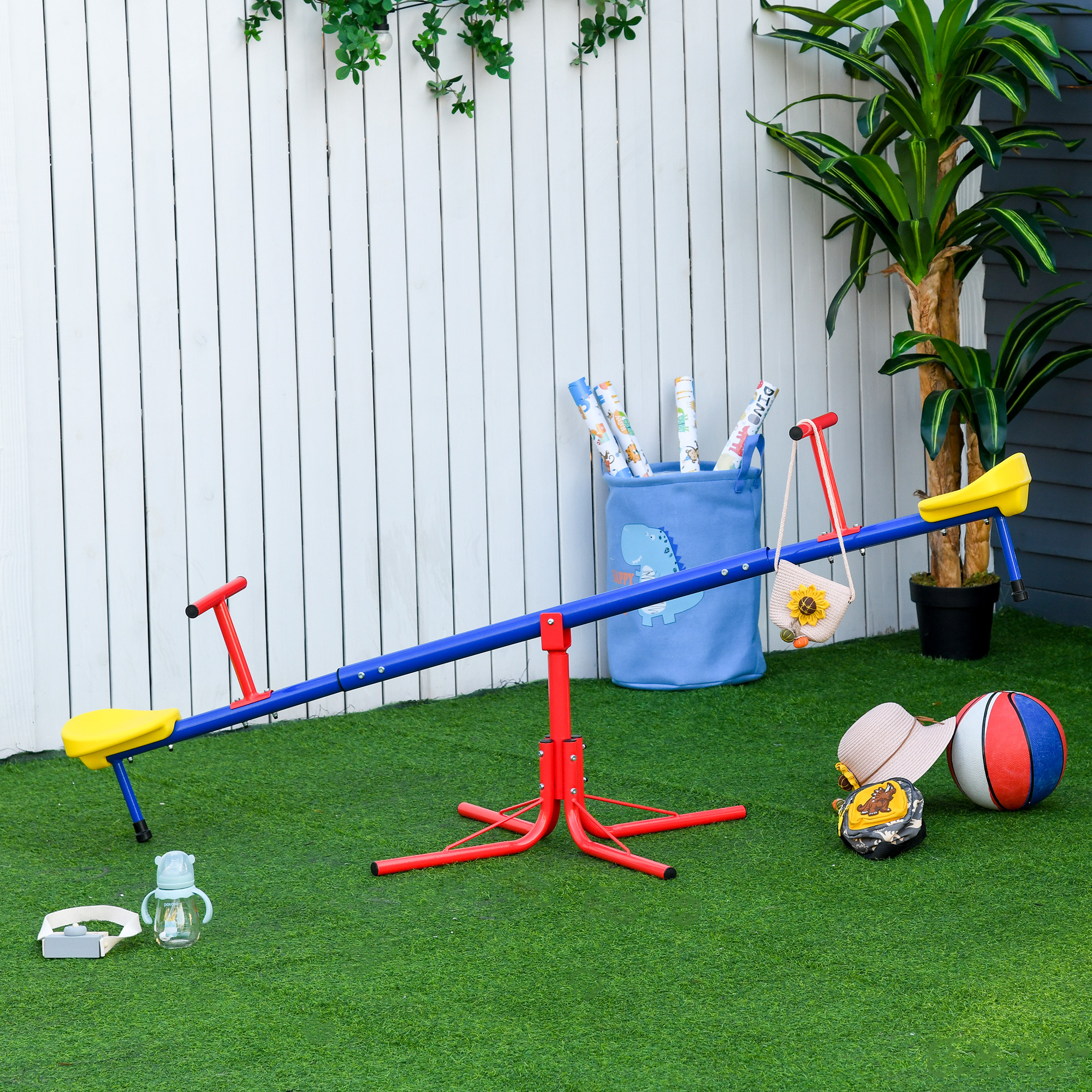 Outsunny Altalena per Bambini Doppia a Bilico Girevole a 360° in Metallo e PP, Età 3-8 Anni, 182x77x43cm Multicolore Aosom