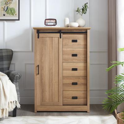 GDFStudio - Farmhouse Modern Sliding Barn Door Dresser with 5 Drawers and Adjustable Shelves