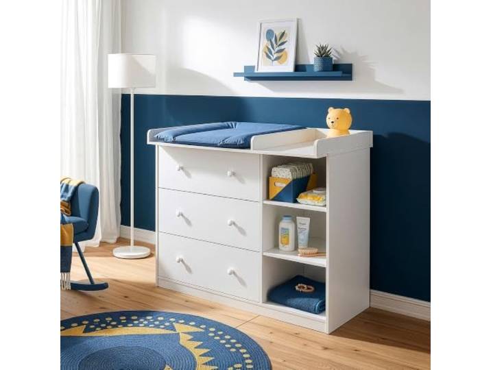 [en.casa] Wickelkommode Beldinupp Wickeltisch mit 3 Schubladen und 3 Regalfächern 93 x 110 x 55 cm Kommode mit Abnehmbarer Wickelauflage Weiß