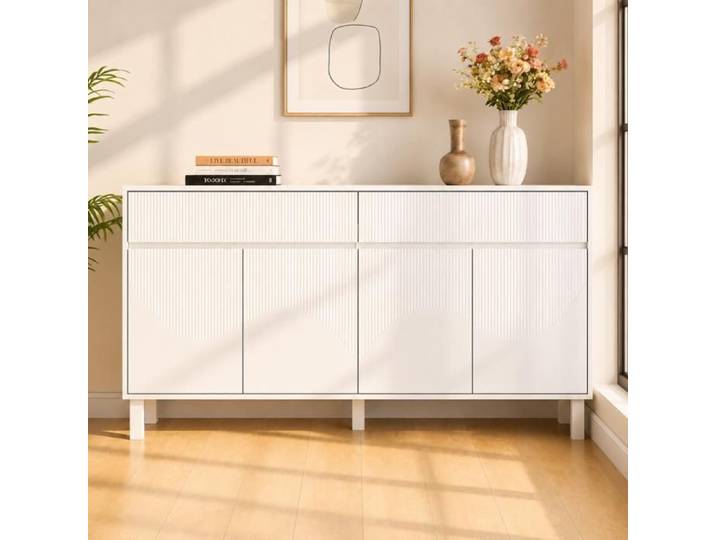 Buffet FUFU&GAGA moderne avec 2 Tiroirs et 4 Portes Pieds en Pin Massif Salon 160x40x75 Blanc