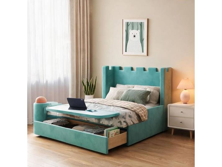 Lit enfant château en velours bleu doux 90x200 cm avec tiroir de rangement