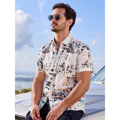 Kurzarmhemd LERROS "Leichtes Kurzarmhemd im Hawaii-Look für kühlen Komfort", Herren, Gr. XL, Normalgrößen, bunt (broken weiß), 97% Baumwolle, 3% Elasthan, Hemden