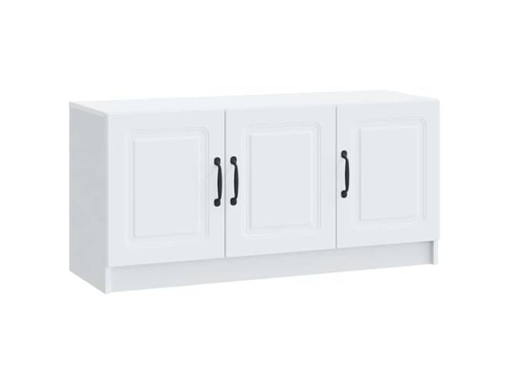KUPTYERFG TV-Schrank Weiß 99 x 34,5 x 47 cm Holzwerkstoff Lowboard Formschönes Fernsehregal für das Wohnzimmer mit drei Schwenktüren, 60 kg Tragkraft und langlebigen Metallgriffen.