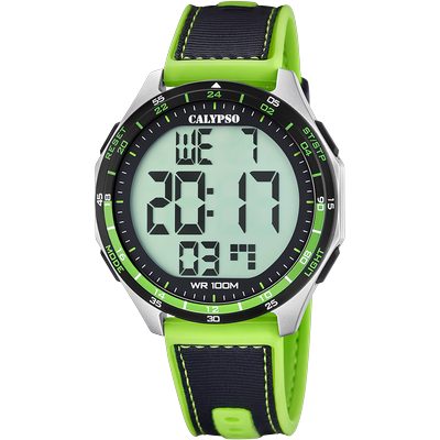 Chronograph CALYPSO WATCHES "Urban Digital", grün (hellgrün, schwarz), Armbanduhren, Herren, silberfarben-schwarz-hellgrün, Chronograph, Quarzuhr, Armbanduhr, Herrenuhr, digital, Tag, Wochentag, Monat, Jahr