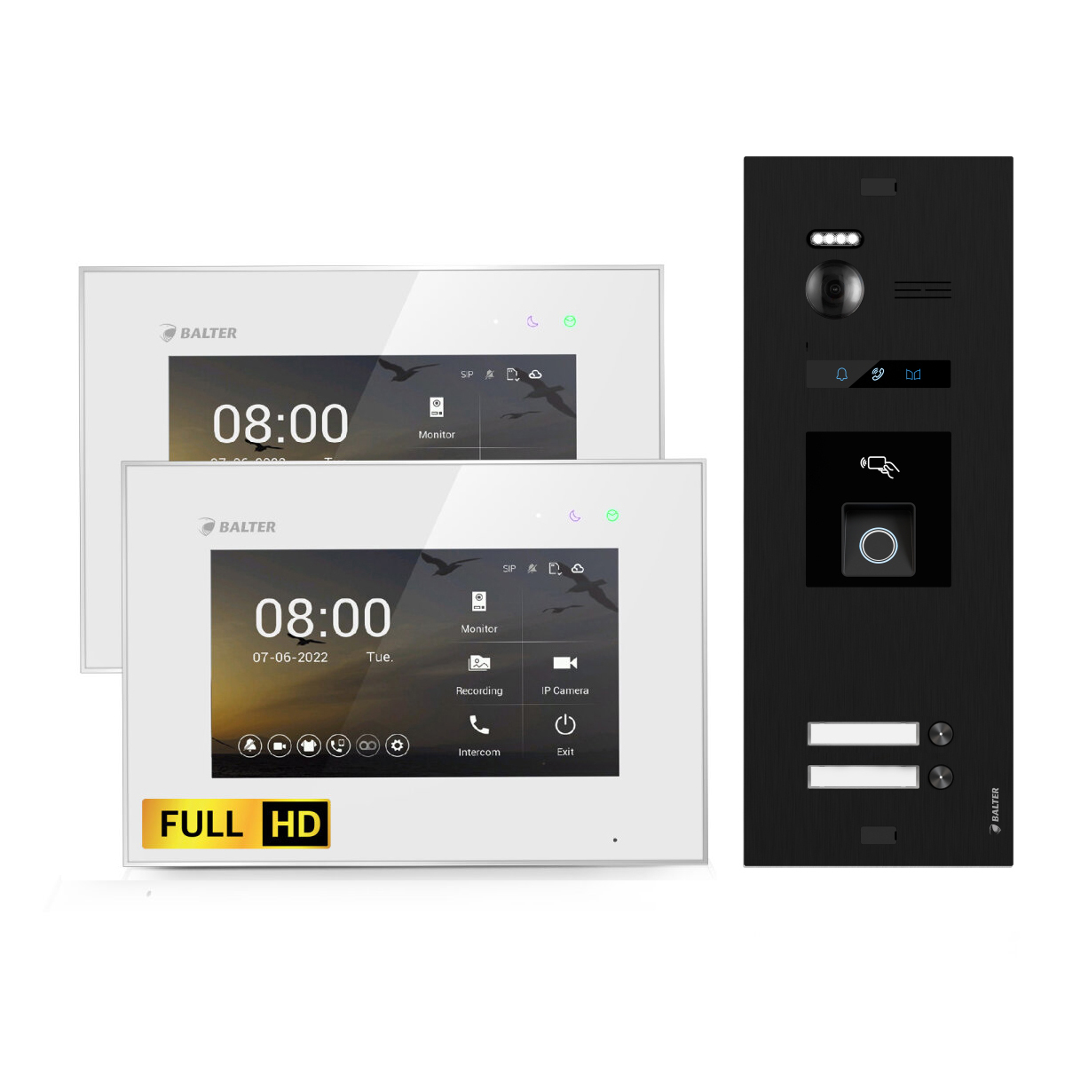 BALTER EVO HD Schwarz Video Türsprechanlage Fingerprint Set 2 Teilnehmer 2x7" Monitor Weiß