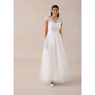 Brautkleid BONPRIX, Damen, Gr. 44, N-Gr, Kurzarm, weiß (wollweiß), Obermaterial: 100% Polyester. Futter: 100% Polyester. Spitze: 100% Polyester, festlich, ausgestellt, Kleider Brautkleid, ausgestellte Passform, aus Tüll mit Spitzenbesatz,...