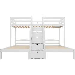MODFU Hochbett Kiefernholz Weiß 240x205x163 cm, 3 Liegeflächen 90x200 cm, Leiter mit Schubladen, EN 747