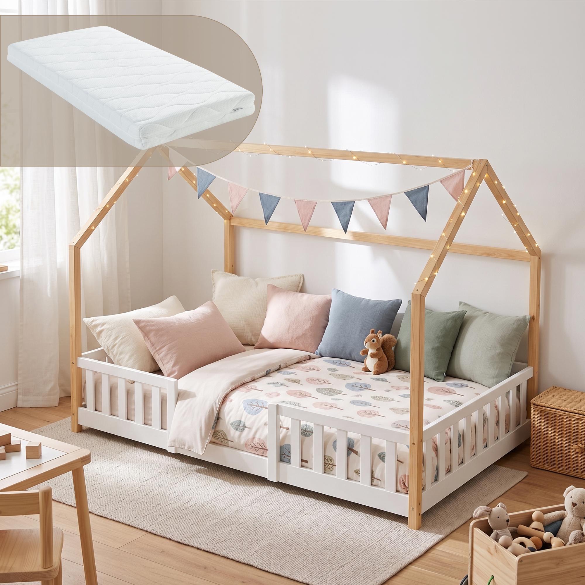 Kinderbett 'Sisimiut' Montessori in Haus-Optik mit Matratze und Rausfallschutz Kiefernholz 120x200 cm Weiß/Natur