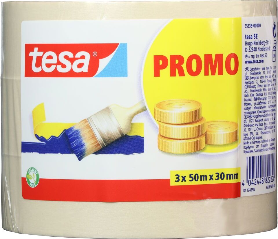 tesa UNIVERSAL, Malerband, Fixier- und Abdeckband, Kreppband, Papierabdeckband, 3er Pack, 3 x 50 m x 30 mm