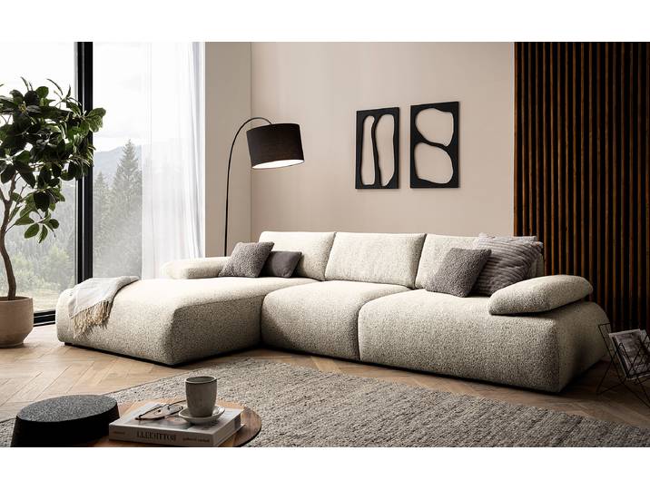 Ecksofa FRYA mit Longchair Silber Strukturstoff Purna 324cm Longchair davorstehend links Modern