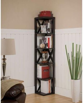 InRoom Designs Modern 5-Tier Corner Bookcase, Freestanding Corner Display Shelf with Open Storage, Space-Saving Wooden Bookshelf