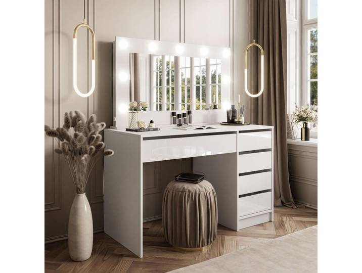 Glamour Schminktisch MADA, 120x75x55 cm, Schneeweiß, mit Spiegel und 9 Glühbirnen