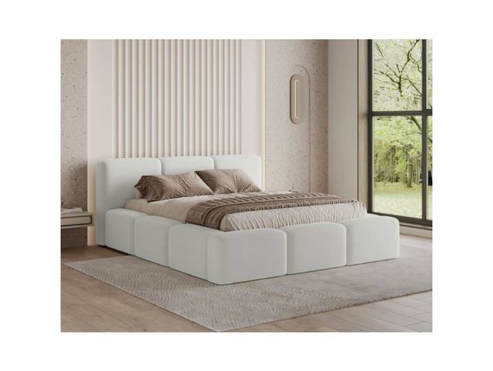 Chilly. Design Lit Como 200 x 200 - Lit Coffre Rembourré - 2 Personnes - Revêtement Élégant Tissu Bouclé Blanc
