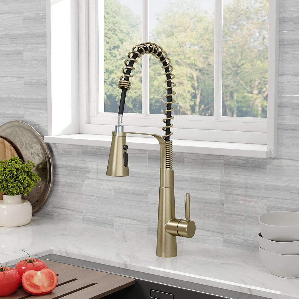 Belfry Kitchen Dunfee Pull Out Kitchen Faucet Matte Black/Antique Brass 53cm