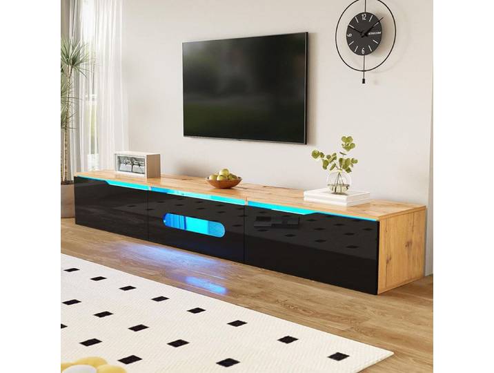Meuble TV tele Noir et Bois Meuble tele suspendu 180 cm de long surface brillante avec éclairage LED 16 couleurs