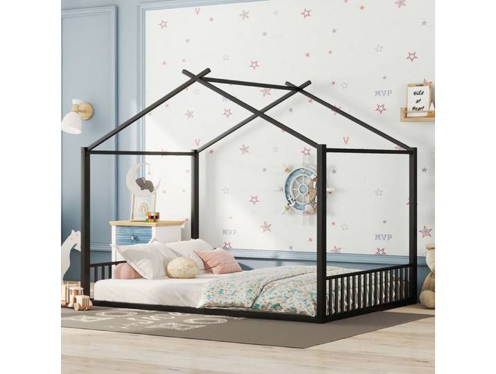 Lit enfant - lit cabane - 140x200cm - Métal noir - Sommier à lattes inclus - 1 place