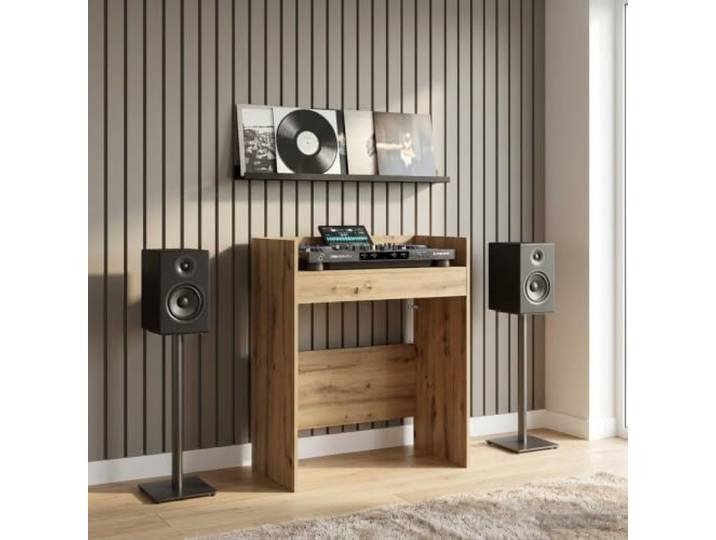 TUERYAFEK DJ Tisch Artisan-Eiche 102 x 45 x 102 cm Holzwerkstoff Stabil, ergonomisch, U-Form, vibrationsdämpfend, für DJ- und audiovisuelle Geräte, Montage erforderlich