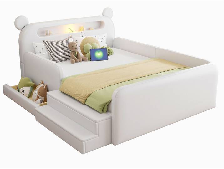 SeedWave Polsterbett mit Kunstlederbezug, Kopfteil im Bären-Design, LED-Licht, Ladefunktion, 140 ×200cm Kinderbett Tritthocker & Schublade