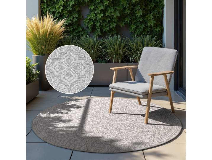 Outdoorteppich HANSE HOME Rosel Wendetppich , grau (weiß, grau), H:5mm Ø:160cm, Polypropylen, Teppiche, Outdoorteppich, In und Outdoor, Flachgewebe, wetterfest, pflegeleicht, robust