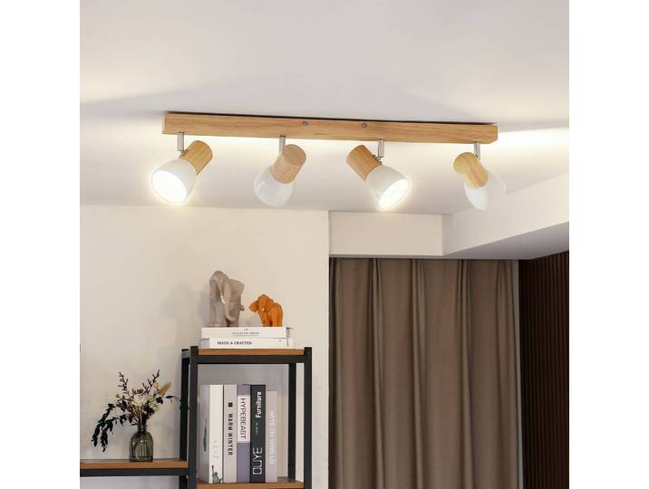 Lindby Deckenleuchte Thorin, 67 cm, 4-flg., weiß, Holz, E14 Thorin Lindby, dimmbar, Holz dunkel, für Wohn- / Esszimmer, Skandinavisch, Strahler
