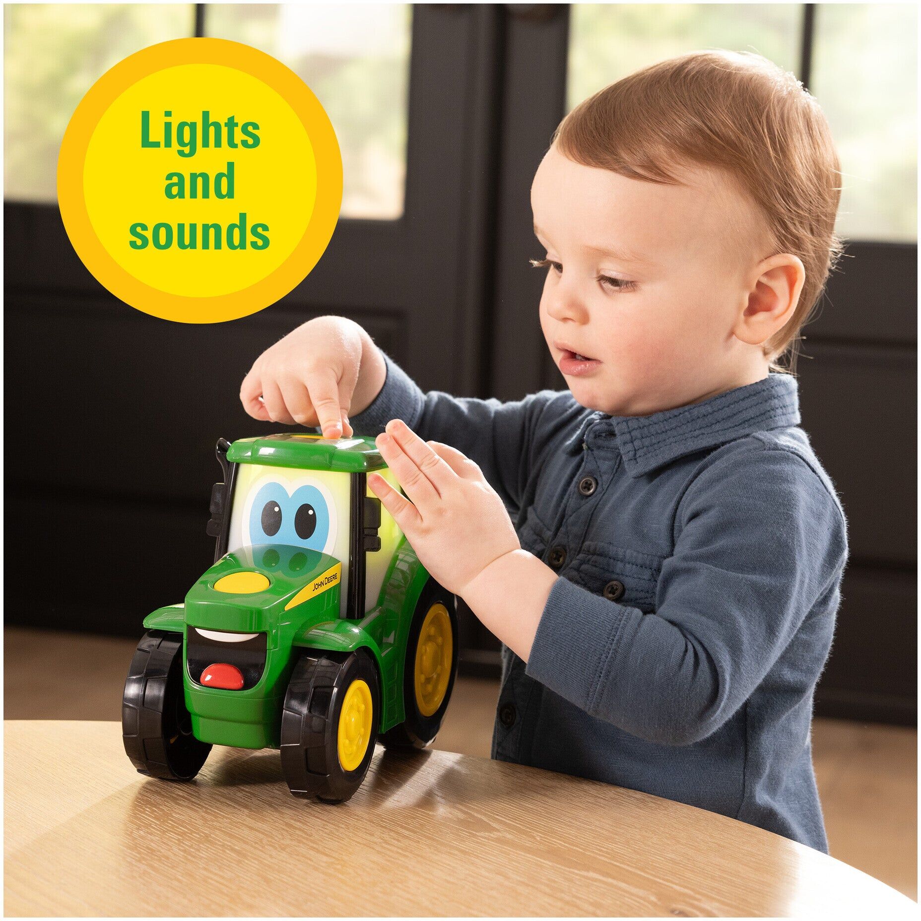 TOMY John Deere Lights ’n Sounds Johnny Tractor Toy for Toddlers, Green and Yellow, Interactive with Lights and Sounds