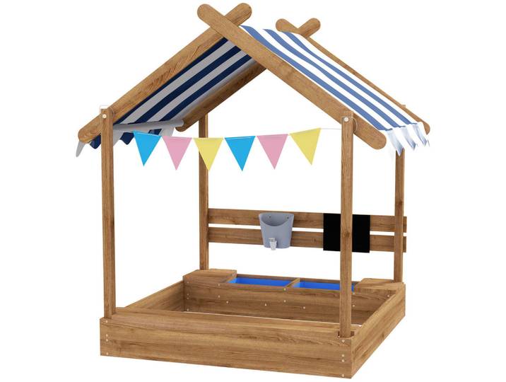 Outsunny Sandkasten mit Dach, Sandkiste aus Holz mit Sitzplatz, Spielhaus, Garten, Braun, 116x146x124 cm, Freizeit & Co, Gartenspielzeug, Sandkästen