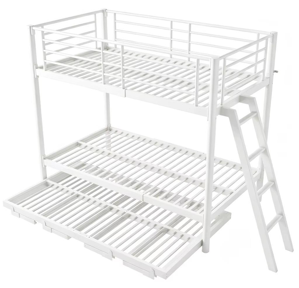 Etagenbett - 3-Personen-Etagenbett mit ausziehbarem Gästebett - 90 x 200 cm - Metall und Holz - Sicherheitsgitter - Leiter - Weiß