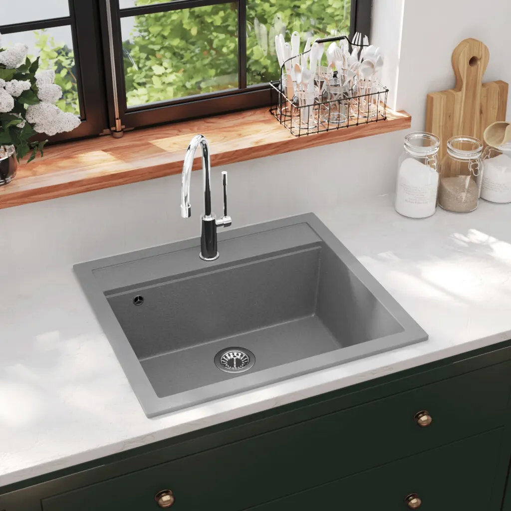 Belfry Kitchen Lenora 510mm W Single Bowl Stone Kitchen Sink Grey 565mm L