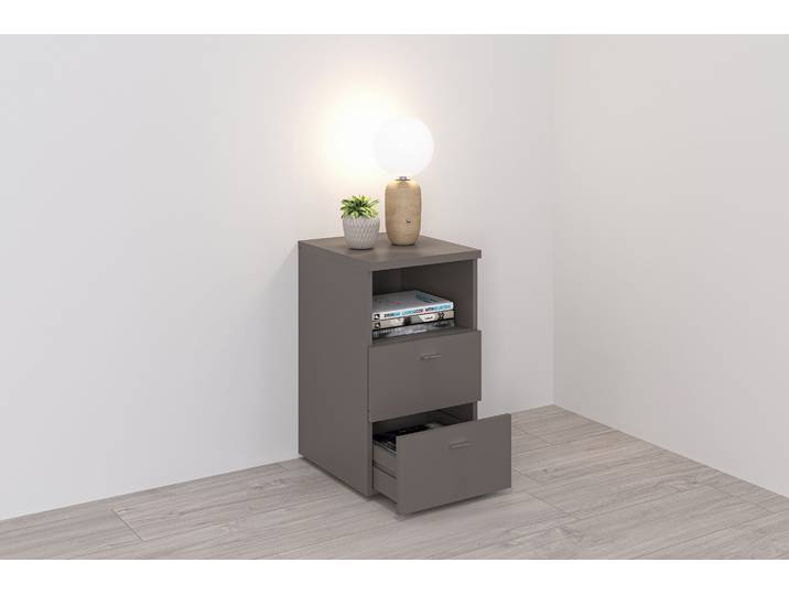 Nachtkonsole FMD Suva , grau (lavafarben), B:35cm H:60cm T:40cm, Holzwerkstoff, Sideboards, Nachtkonsole, Nachttisch m. 2 Schubkästen und offenem Fach