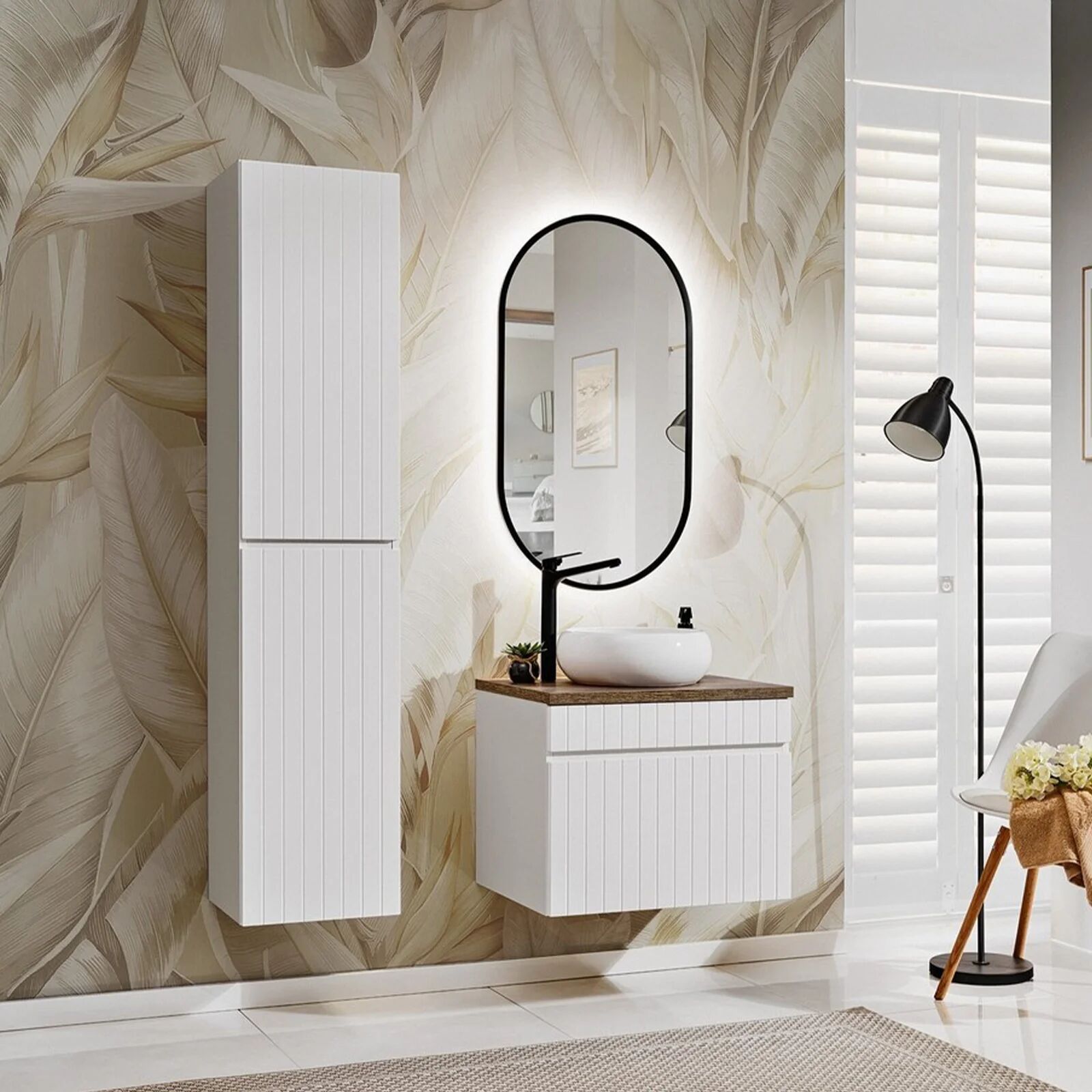 garneroarredamenti Mobile bagno sospeso 60cm cannettato con lavabo, colonna e specchio bianco Autentic