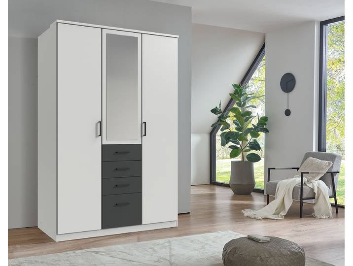 Drehtürenschrank Cottbus 135cm Weiß/Weiß/Graphit mit Spiegeltür/-en