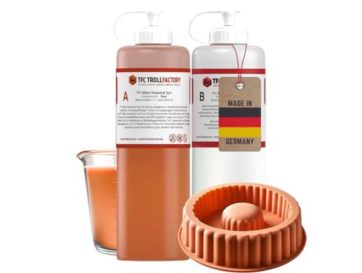 TFC Silikon Kautschuk Typ 6, Lebensmittelgeeignet, 1:1, weich Shore 22 - Aprikot/Weiß, hitzebeständig bis 250°C, ideal für Backformen