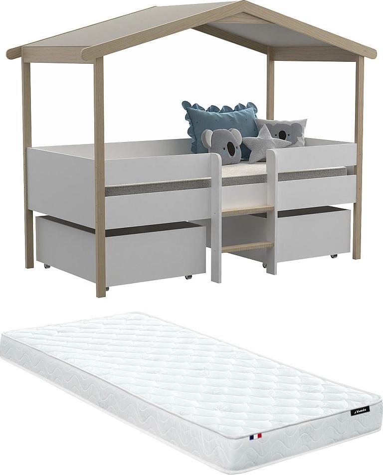 Kinderbett Hausbett mit Schubladen + Matratze - Lindenholz - 90 x 190 cm - Weiß & Eichefarben - SAROSI