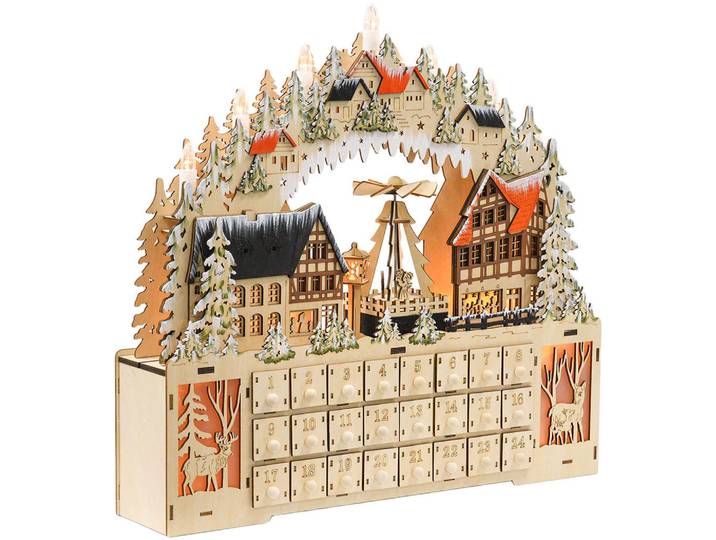 Homcom Adventskalender Weihnachtskalender 24 Schubladen mit LED-Lichtern MDF Naturholz, Naturfarben, Kunststoff, 9x42.5x45 cm, Dekoration, Weihnachtsdekoration