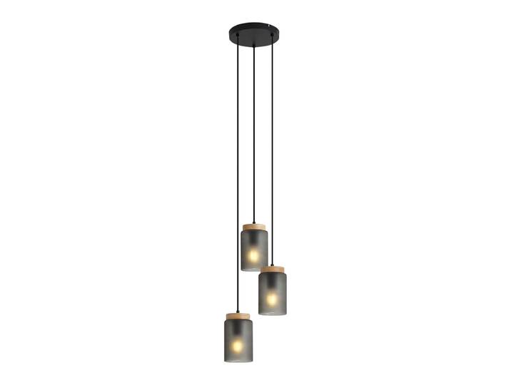 Suspension moderne noire avec bois et verre gris mat 3 lumières -
