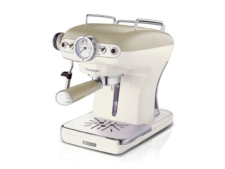 Ariete Espresso Vintage 1389\, Machine à Café Expresso Pour Poudre Ou Dosette Ese\, 1 Et 2 Tasses\, Buse Cappuccino\, Support de Tasse en Acier Inoxydable\, 15 Bars\, 850W\, Beige
