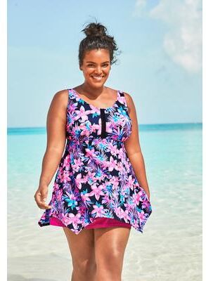 Plus Size Women's Longer-Length Handkerchief Hem Tankini Top by Swim 365 in Navy Tropical Floral (Size 20)